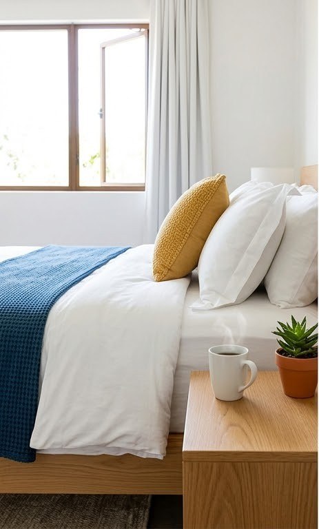 Recámara acogedora con café de cortesía y una suculenta junto a la cama, lista para recibir al huésped