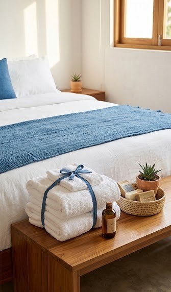 Toallas y bata de baño dobladas con esmero sobre la cama como parte del kit de bienvenida