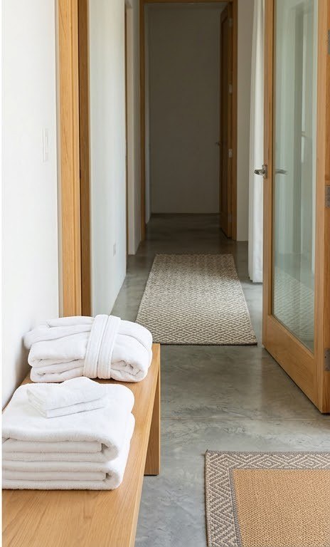 Pasillo impecable con toallas dobladas y tapetes en una propiedad de rent your beds