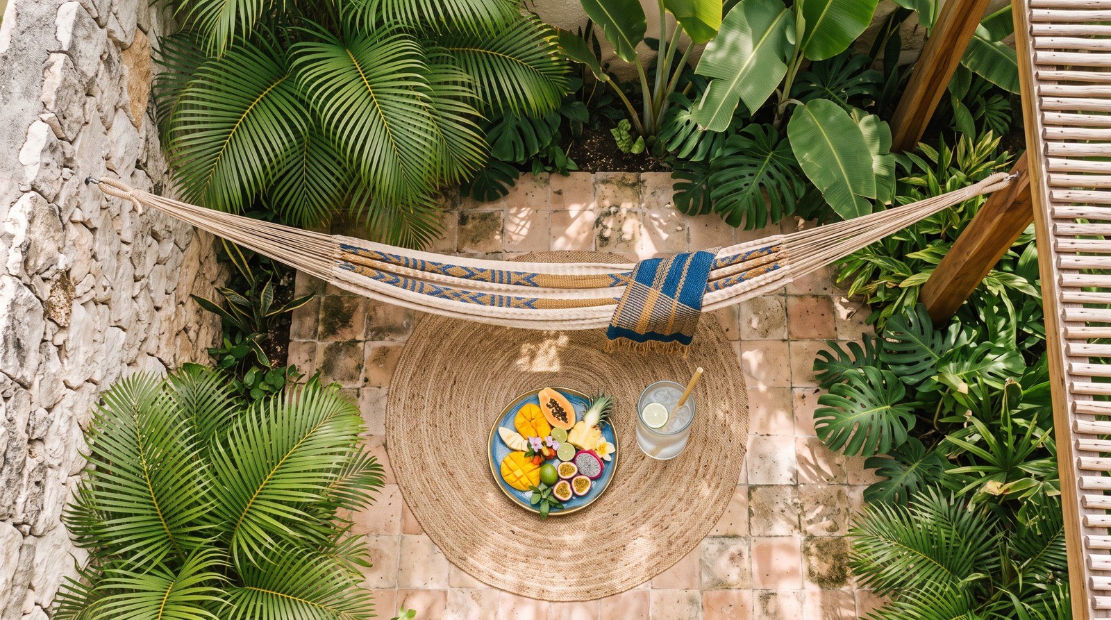 Charola de bienvenida con fruta tropical servida en una hamaca de jardín, rent your beds