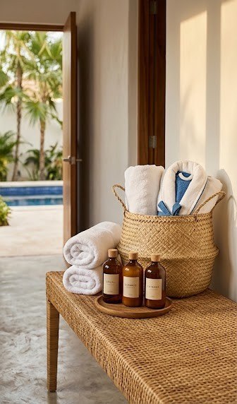 Canasta de toallas y amenidades de baño junto a la entrada de la alberca en una villa de rent your beds