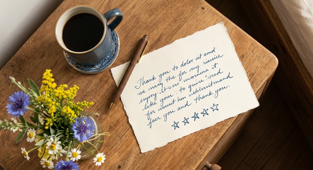 Nota de agradecimiento escrita a mano con estrellas dibujadas, junto a café y flores frescas sobre una mesa de madera