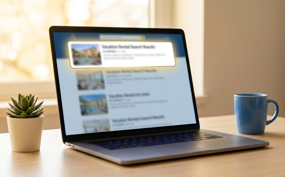 Laptop mostrando resultados de búsqueda de alquiler vacacional, con un anuncio destacado en primer lugar