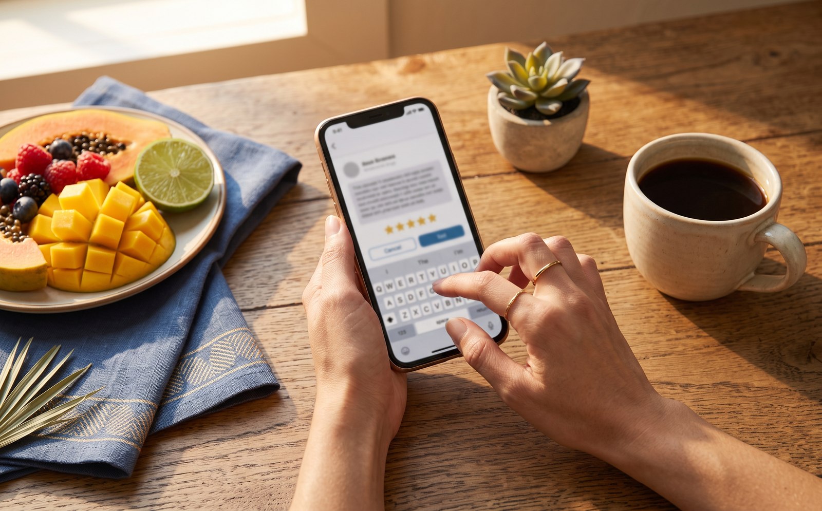 Huésped escribiendo una reseña de 5 estrellas desde su teléfono en una mesa con café y fruta fresca